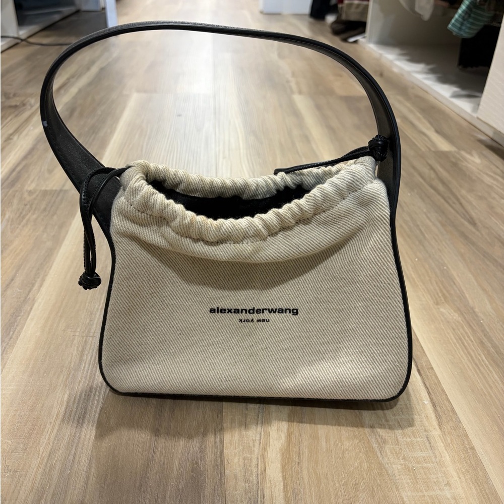 Alexander Wang Cream Canvas Drawstring Shoulder Bag with Black Trim